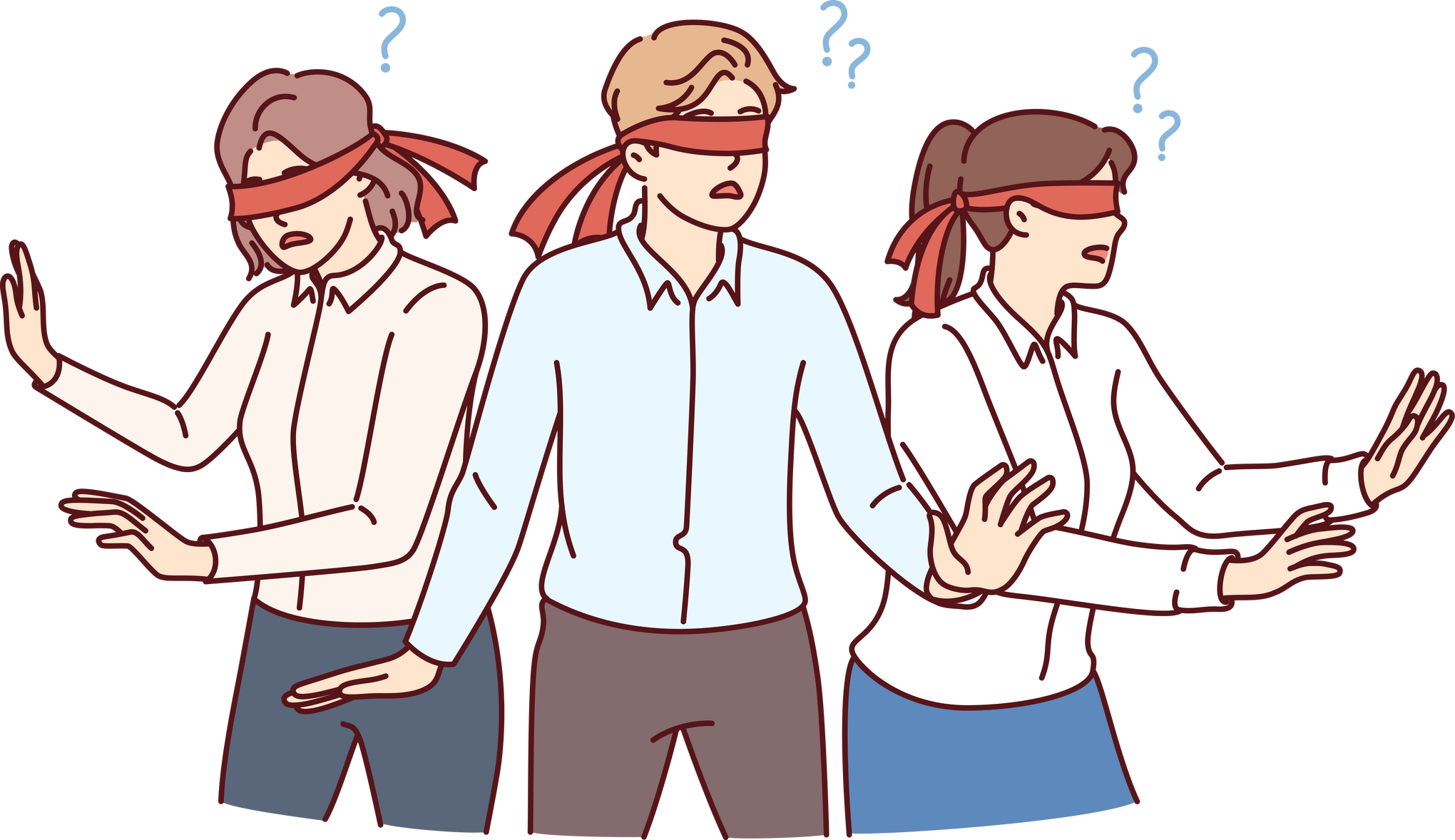 Business people with blindfolds look in different directions, symbolizing lack coherence employees